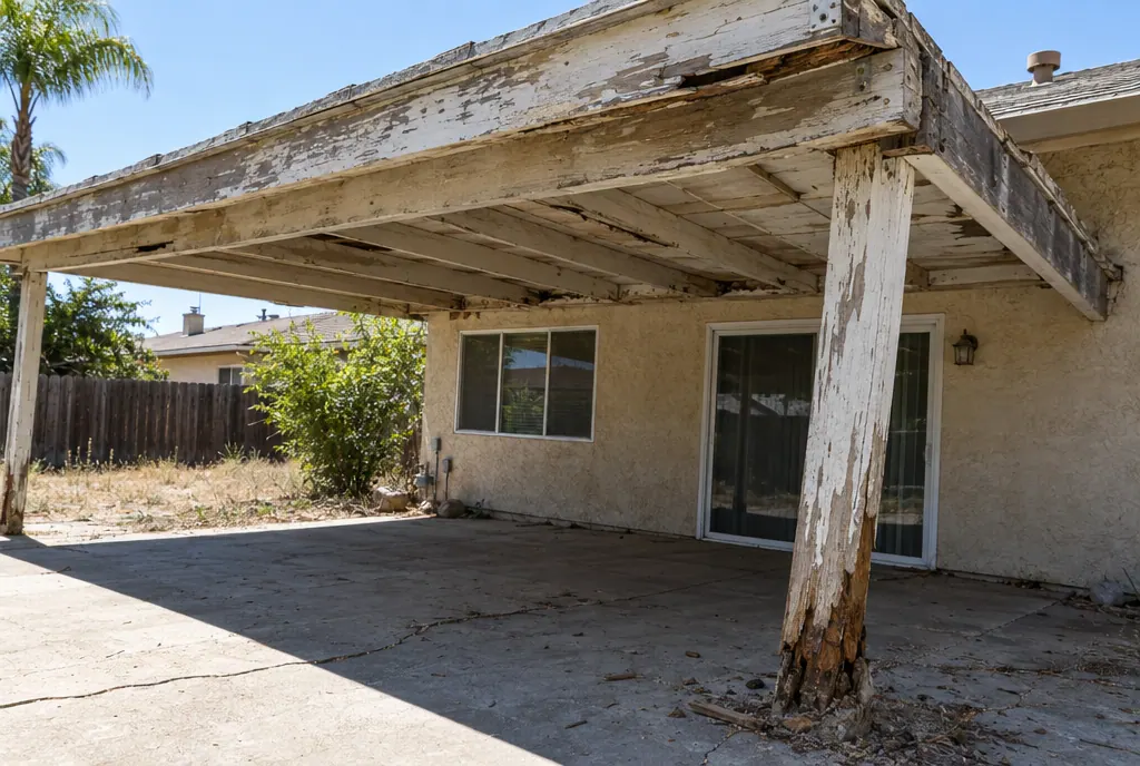 Old wood patio cover with peeling paint, a rotted post and a sagging beam