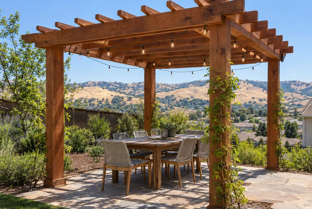 Redwood pergola with string lights over a dining table, golden hills in the background