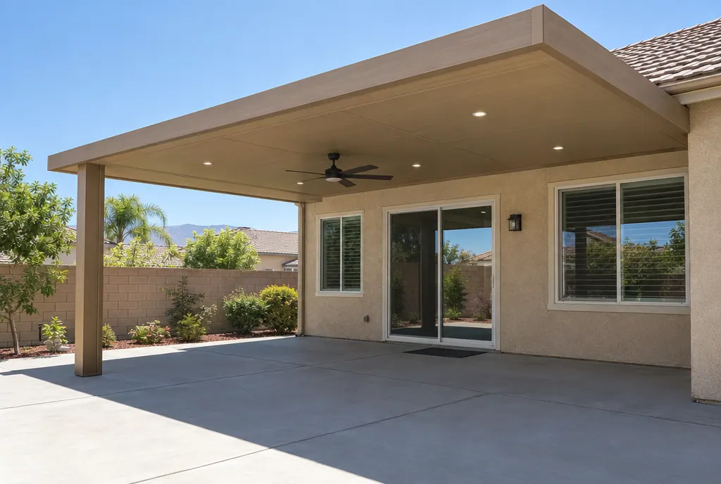 Solid-roof aluminum patio cover with recessed lights and a ceiling fan over a concrete patio