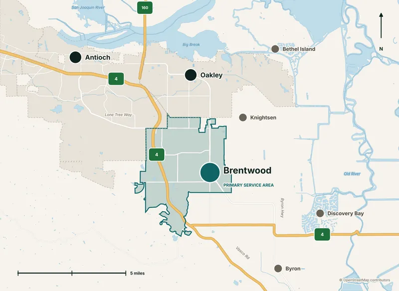 Map of the service area: Brentwood city limits highlighted as the primary service area, with Antioch and Oakley to the northwest and north, and Knightsen, Discovery Bay and Byron nearby along Highway 4, Byron Highway and Vasco Road
